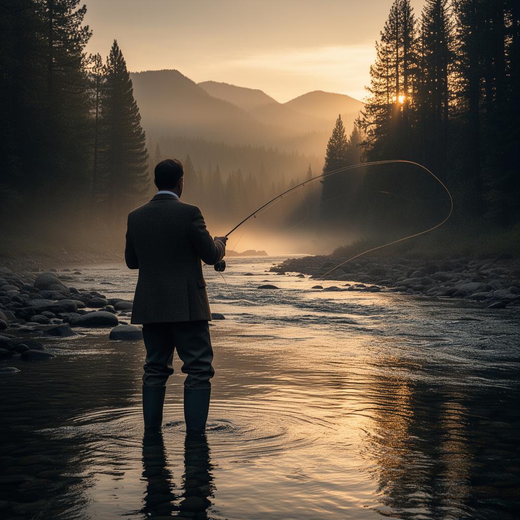 A gentleman spey casting at sunrise on a forested river